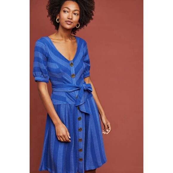 Maeve Tonal Stripe Dress Women 8 Anthropologie Button Attached Belt V Neck *FLAW - Picture 1 of 12